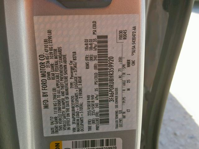 3FA6P0RU8HR359920 - 2017 FORD FUSION TIT SILVER photo 10