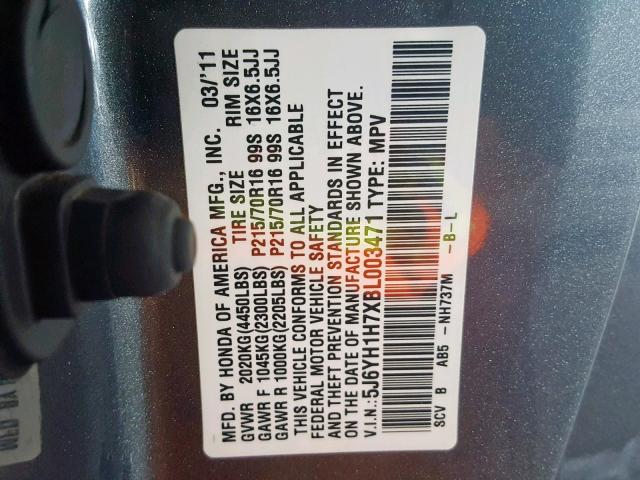 5J6YH1H7XBL003471 - 2011 HONDA ELEMENT EX GRAY photo 10