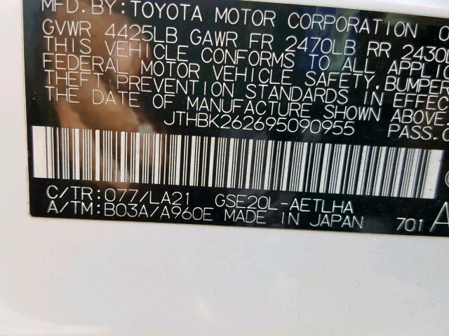 JTHBK262695090955 - 2009 LEXUS IS 250 WHITE photo 10