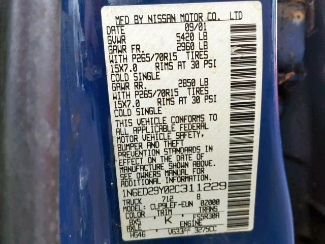 1N6ED29Y02C311229 - 2002 NISSAN FRONTIER C BLUE photo 10