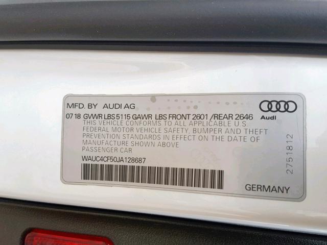 WAUC4CF50JA128687 - 2018 AUDI S5 PRESTIG WHITE photo 10