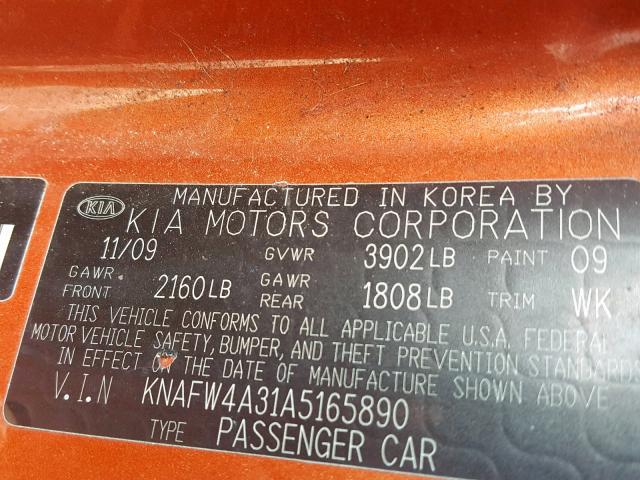 KNAFW4A31A5165890 - 2010 KIA FORTE SX ORANGE photo 10