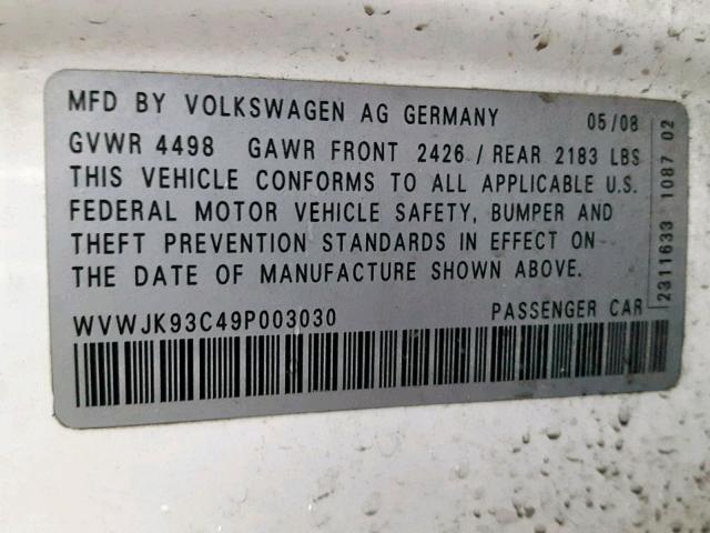 WVWJK93C49P003030 - 2009 VOLKSWAGEN PASSAT TUR WHITE photo 10