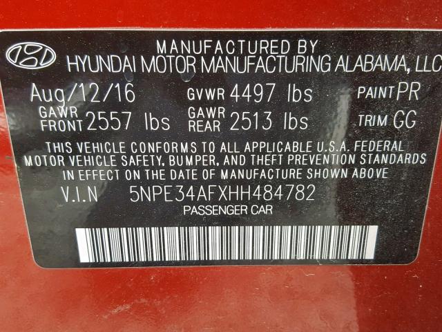 5NPE34AFXHH484782 - 2017 HYUNDAI SONATA SPO RED photo 10