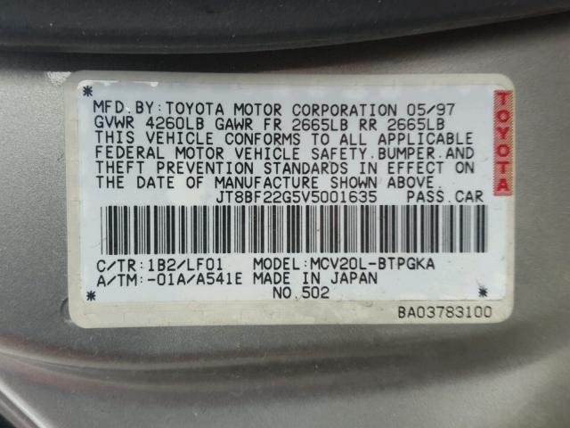 JT8BF22G5V5001635 - 1997 LEXUS ES 300 GRAY photo 10