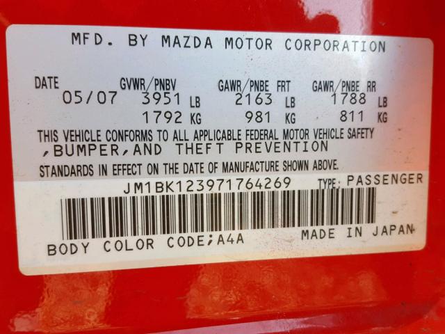 JM1BK123971764269 - 2007 MAZDA 3 S RED photo 10