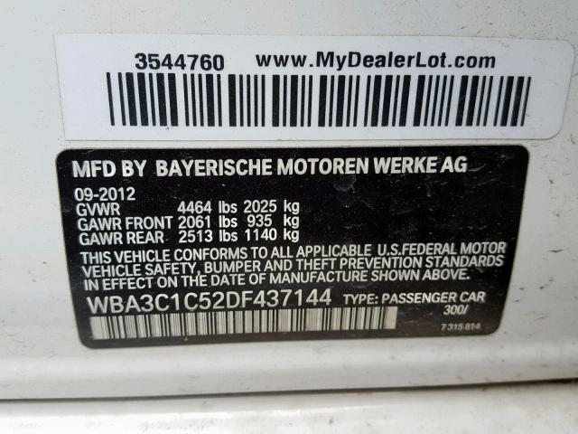 WBA3C1C52DF437144 - 2013 BMW 328 I SULE WHITE photo 10