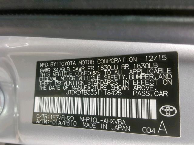 JTDKDTB33G1118425 - 2016 TOYOTA PRIUS C SILVER photo 10