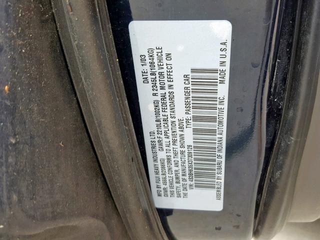 4S3BH635X37309126 - 2003 SUBARU LEGACY L BLUE photo 10