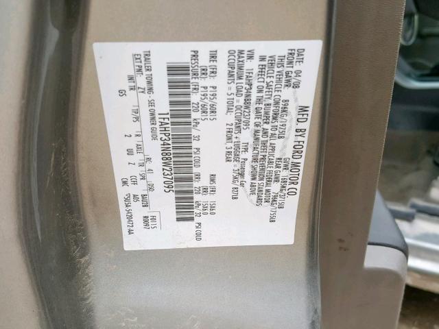 1FAHP34N88W237095 - 2008 FORD FOCUS S/SE SILVER photo 10