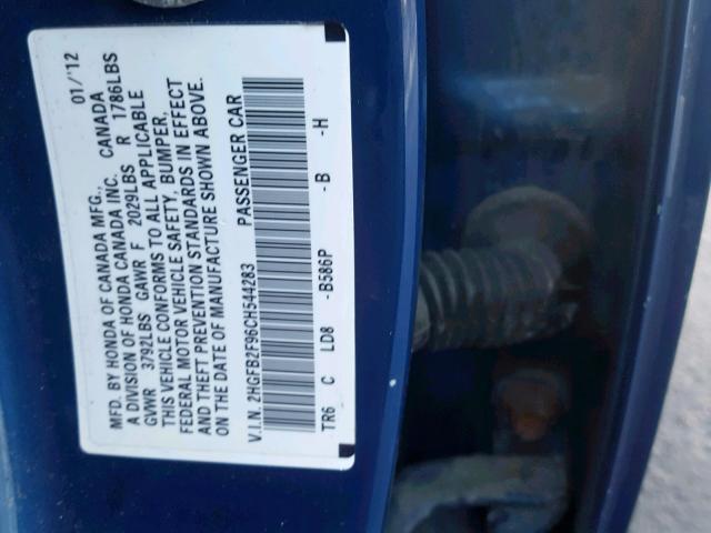 2HGFB2F96CH544283 - 2012 HONDA CIVIC EXL BLUE photo 10