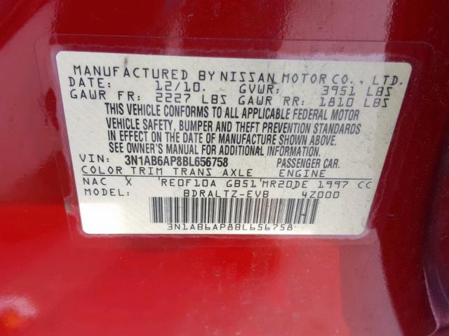 3N1AB6AP8BL656758 - 2011 NISSAN SENTRA 2.0 RED photo 10