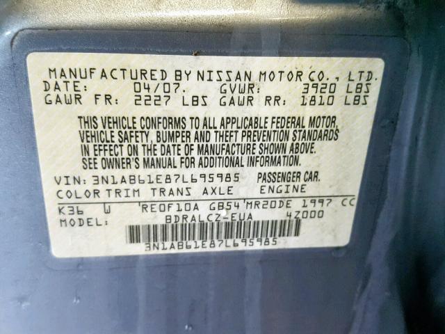 3N1AB61E87L695985 - 2007 NISSAN SENTRA 2.0 SILVER photo 10