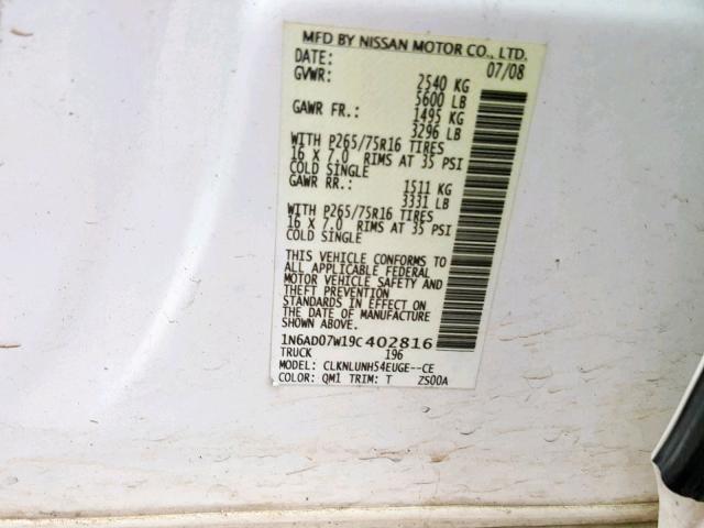 1N6AD07W19C402816 - 2009 NISSAN FRONTIER C WHITE photo 10