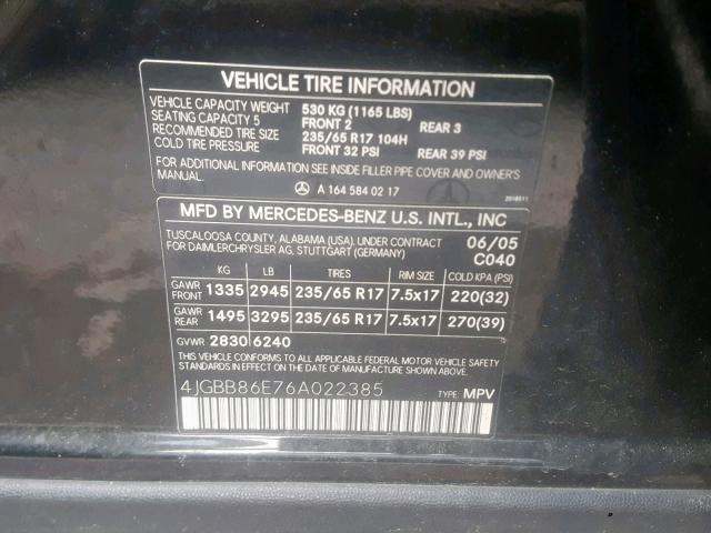 4JGBB86E76A022385 - 2006 MERCEDES-BENZ ML 350 BLACK photo 10