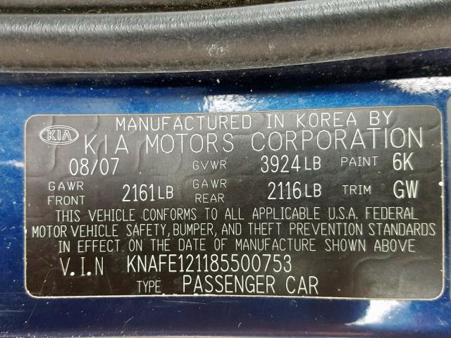 KNAFE121185500753 - 2008 KIA SPECTRA EX BLUE photo 10