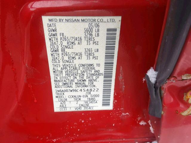 1N6AD07W96C454822 - 2006 NISSAN FRONTIER C RED photo 10