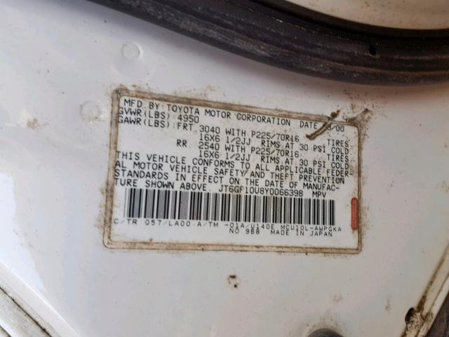 JT6GF10U8Y0066398 - 2000 LEXUS RX 300 WHITE photo 10