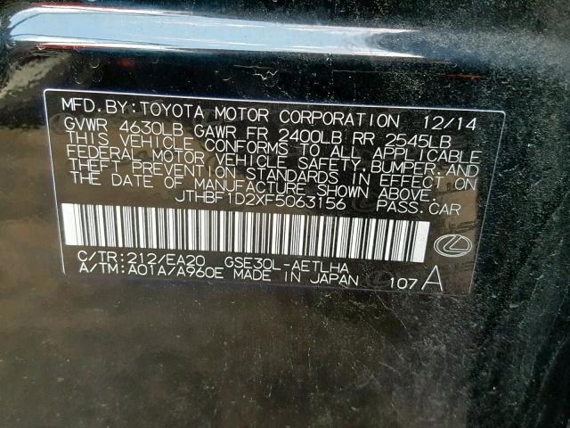 JTHBF1D2XF5063156 - 2015 LEXUS IS 250 BLACK photo 10