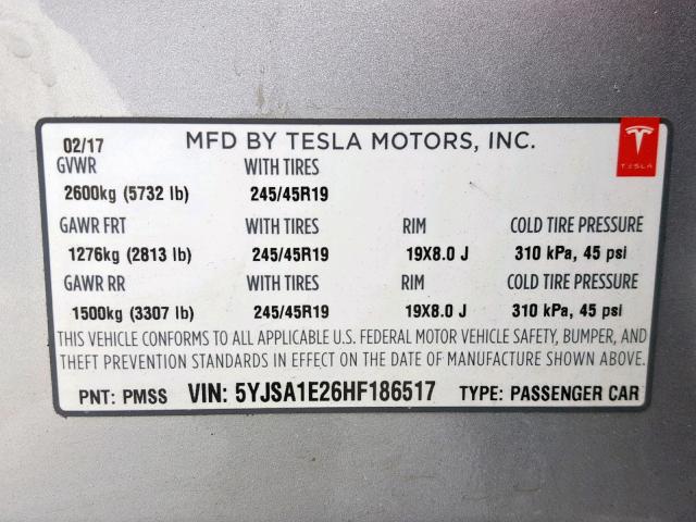 5YJSA1E26HF186517 - 2017 TESLA MODEL S Մոխրագույն լուսանկար 10