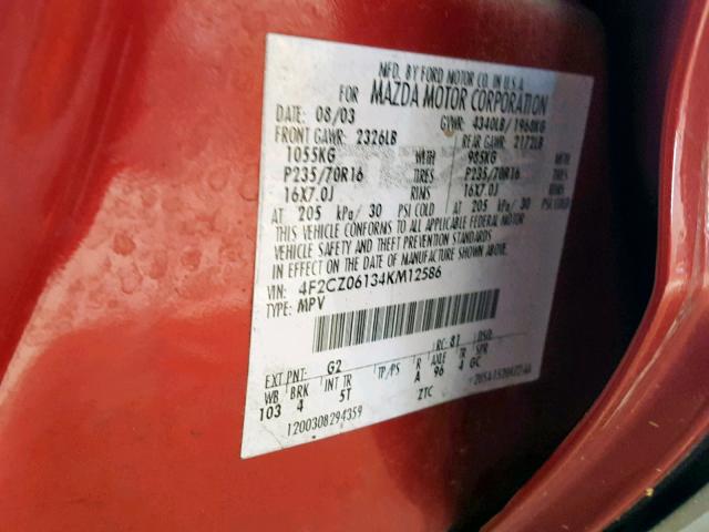 4F2CZ06134KM12586 - 2004 MAZDA TRIBUTE ES 红色 照片 10