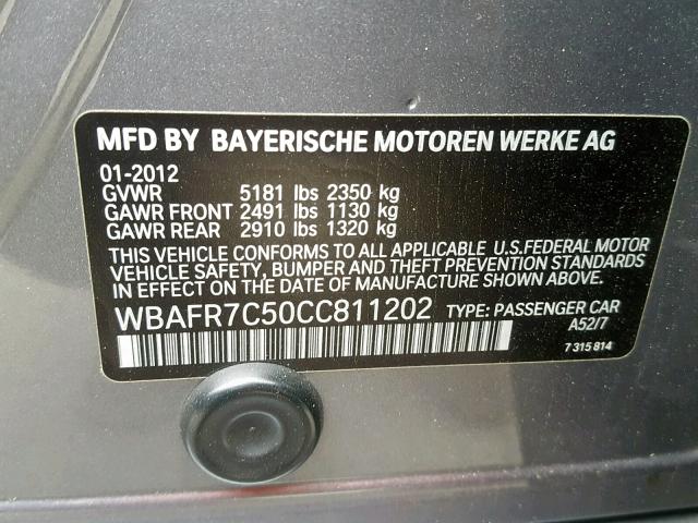 WBAFR7C50CC811202 - 2012 BMW 535 I GRAY photo 10