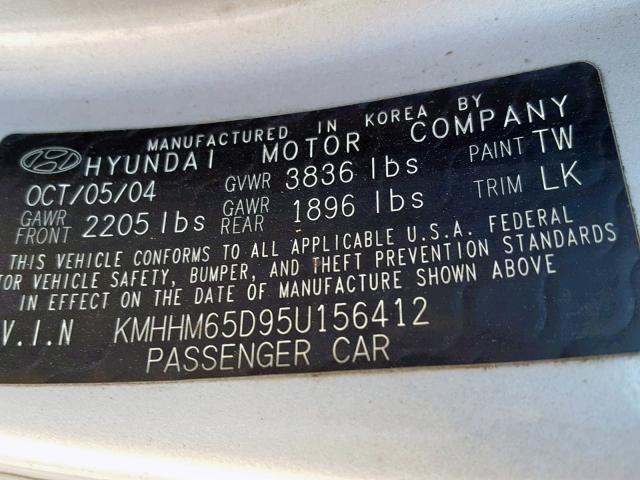 KMHHM65D95U156412 - 2005 HYUNDAI TIBURON SILVER photo 10