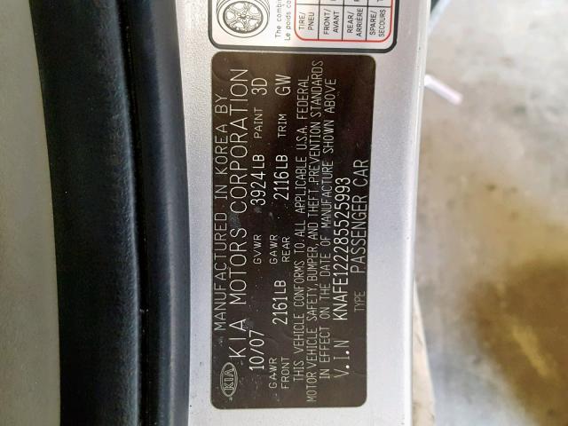 KNAFE122285525993 - 2008 KIA SPECTRA EX SILVER photo 10