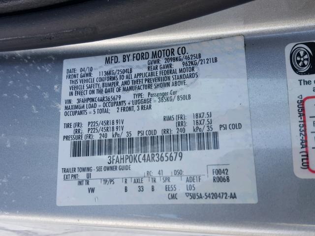 3FAHP0KC4AR365679 - 2010 FORD FUSION SPO SILVER photo 10