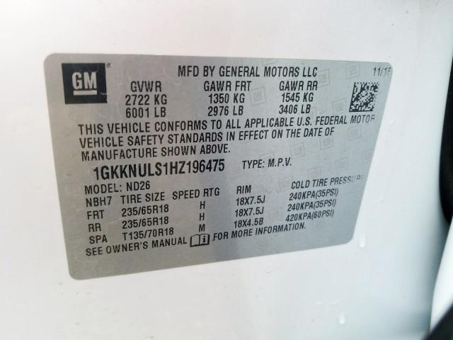 1GKKNULS1HZ196475 - 2017 GMC ACADIA SLT-1  photo 10