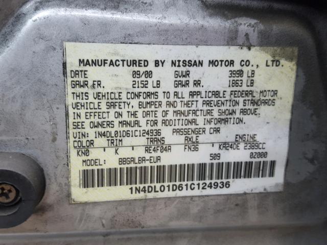 1N4DL01D61C124936 - 2001 NISSAN ALTIMA XE SILVER photo 10