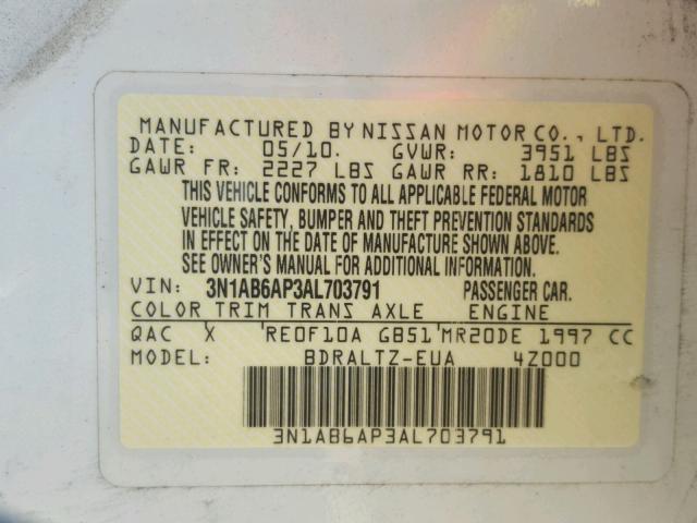 3N1AB6AP3AL703791 - 2010 NISSAN SENTRA 2.0 WHITE photo 10