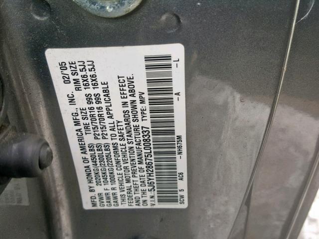 5J6YH28675L008337 - 2005 HONDA ELEMENT EX GRAY photo 10