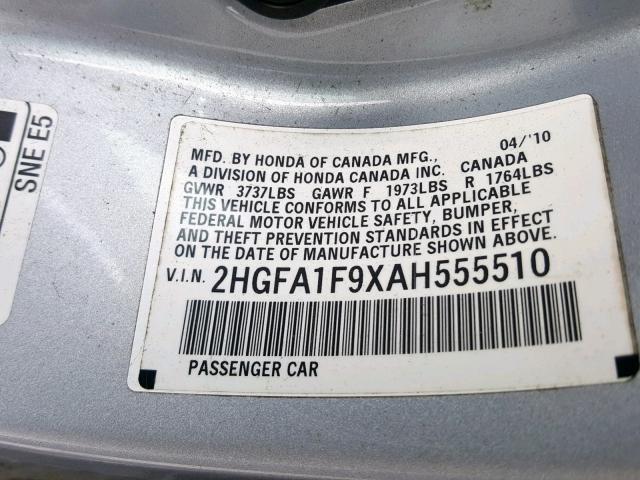 2HGFA1F9XAH555510 - 2010 HONDA CIVIC EXL SILVER photo 10