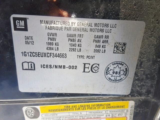 1G1ZC5EUXCF344663 - 2012 CHEVROLET MALIBU 1LT შავი ფოტო 10