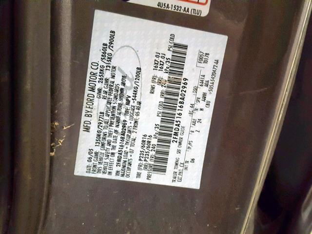 2FMDA51616BA02969 - 2006 FORD FREESTAR S GRAY photo 10