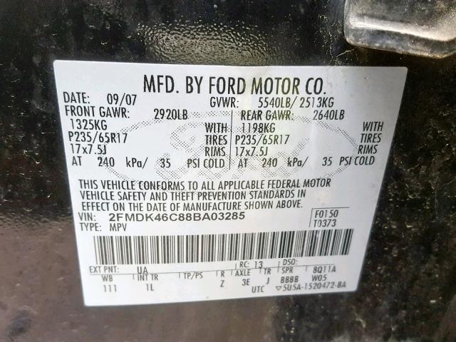 2FMDK46C88BA03285 - 2008 FORD EDGE SE BLACK photo 10