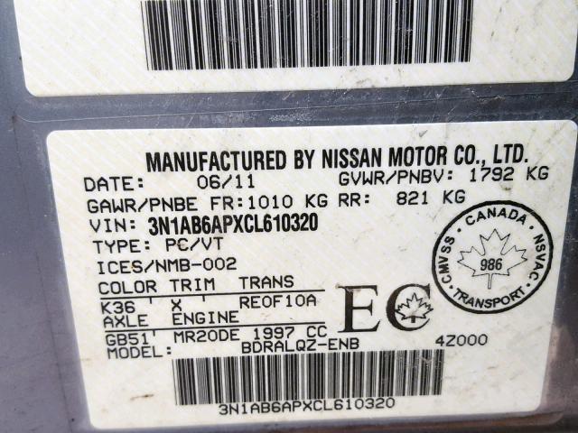 3N1AB6APXCL610320 - 2012 NISSAN SENTRA 2.0 GRAY photo 10