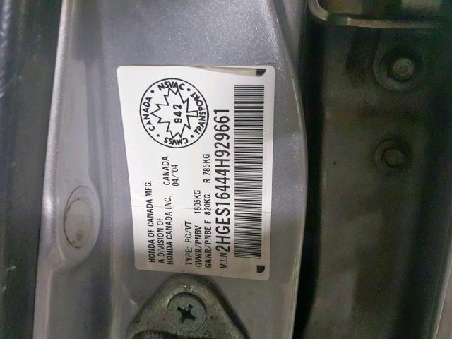 2HGES16444H929661 - 2004 HONDA CIVIC DX SILVER photo 10