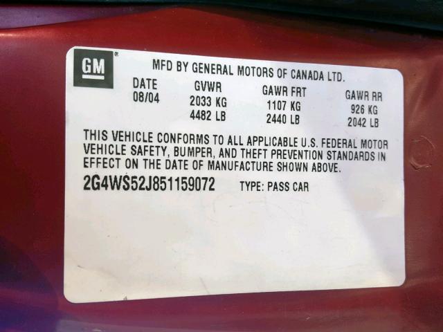 2G4WS52J851159072 - 2005 BUICK CENTURY CU RED photo 10