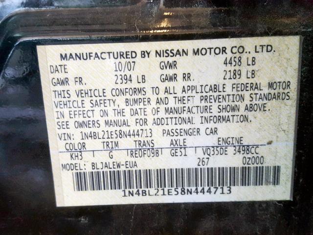 1N4BL21E58N444713 - 2008 NISSAN ALTIMA 3.5 BLACK photo 10