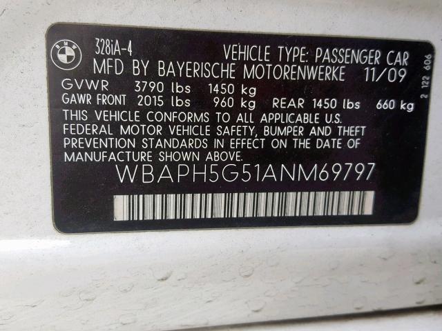 WBAPH5G51ANM69797 - 2010 BMW 328 I SULE WHITE photo 10