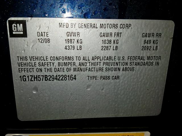 1G1ZH57B294228164 - 2009 CHEVROLET MALIBU 1LT 蓝色 照片 10