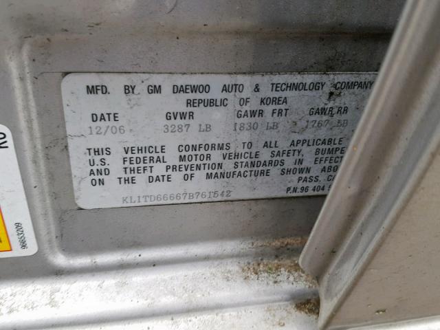 KL1TD66667B761542 - 2007 CHEVROLET AVEO BASE Күміс фото 10