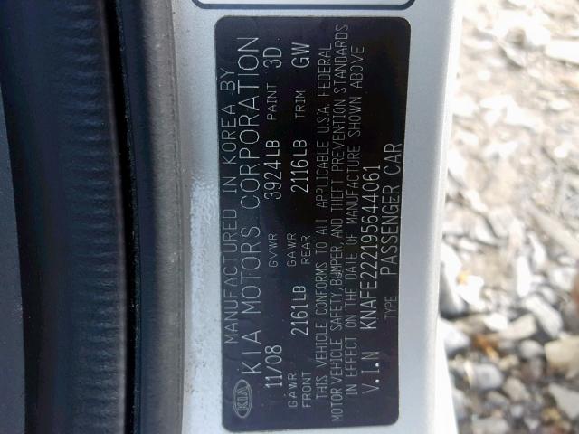 KNAFE222195644061 - 2009 KIA SPECTRA EX SILVER photo 10