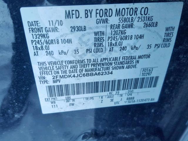 2FMDK4JC6BBA62334 - 2011 FORD EDGE SEL BLACK photo 10