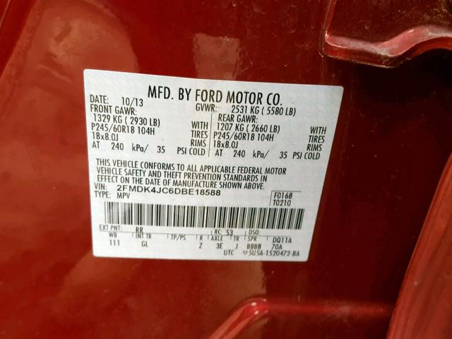 2FMDK4JC6DBE18588 - 2013 FORD EDGE SEL BURGUNDY photo 10