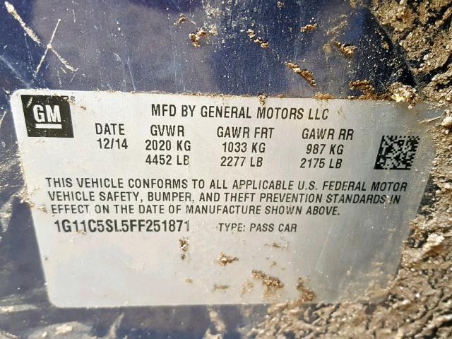 1G11C5SL5FF251871 - 2015 CHEVROLET MALIBU 1LT 蓝色 照片 10