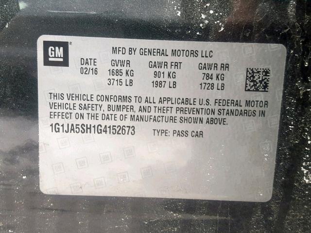 1G1JA5SH1G4152673 - 2016 CHEVROLET SONIC LS 灰色 照片 10