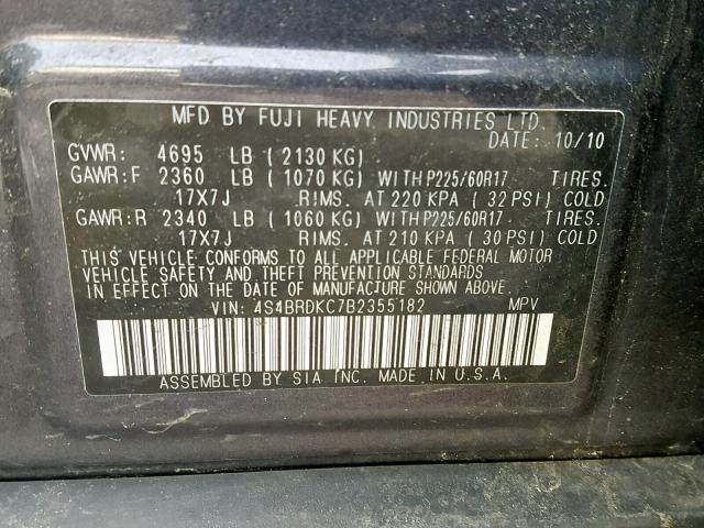 4S4BRDKC7B2355182 - 2011 SUBARU OUTBACK 3. GRAY photo 10